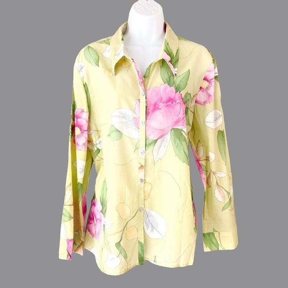 JH Collectibles Yellow Floral Button Down Shirt Top 100%‎ Cotton - Picture 1 of 8
